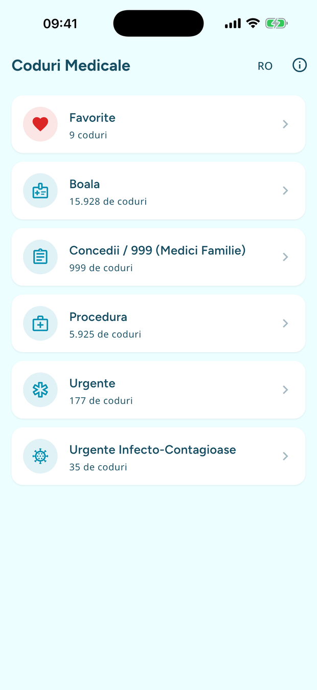 Ecranul principal al aplicației MedCod RO: bara de căutare și lista celor cinci categorii de coduri medicale.