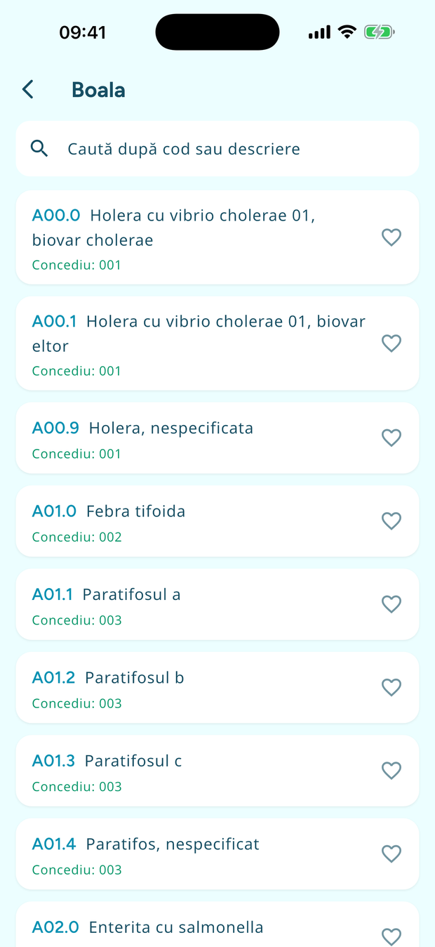 Lista de coduri de boală: fiecare cod CIM-10 cu denumirea lui și, dedesubt, codul de concediu corespunzător.