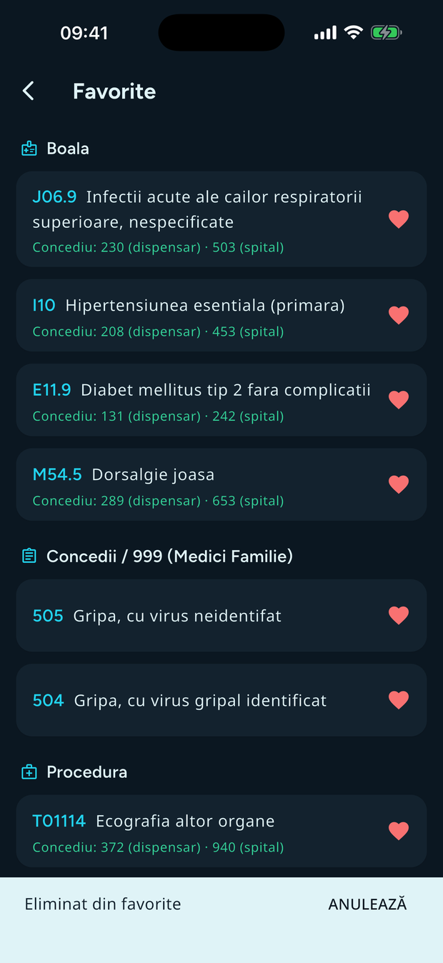 Mesajul de confirmare după eliminarea unui favorit, cu butonul „Anulează” la îndemână.