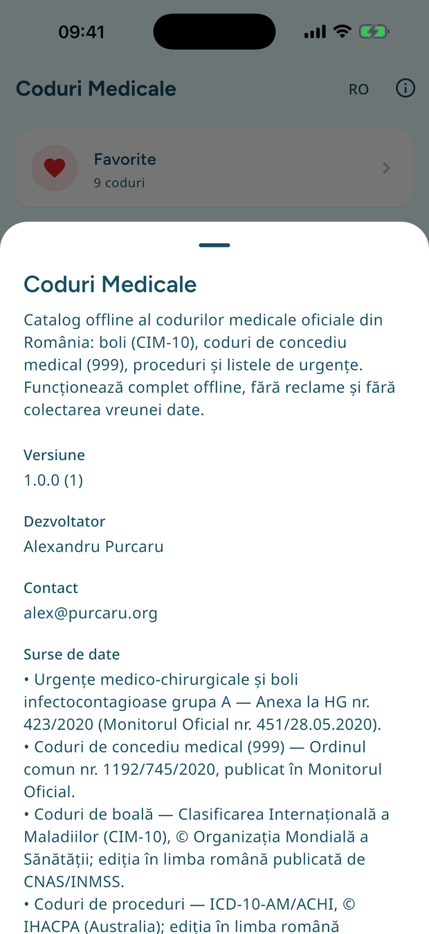 Ecranul „Despre aplicație”, cu sursa oficială scrisă pentru fiecare dintre cele cinci liste de coduri.