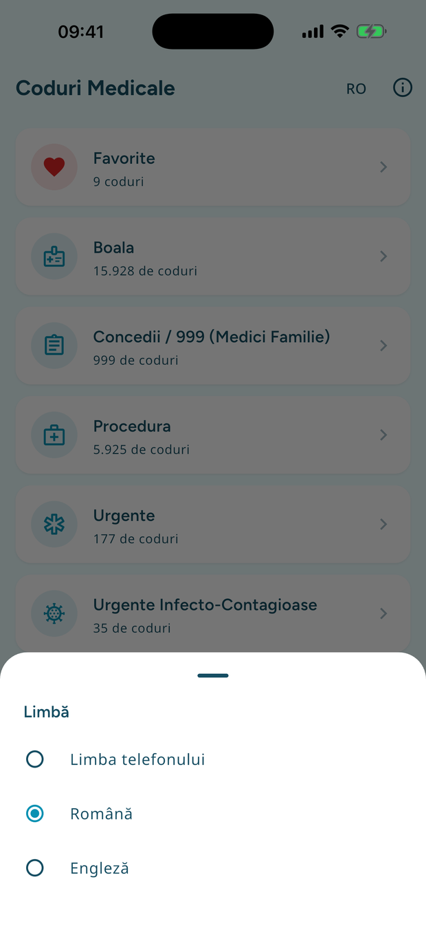 Butonul de limbă din antetul aplicației, care comută interfața între română și engleză.